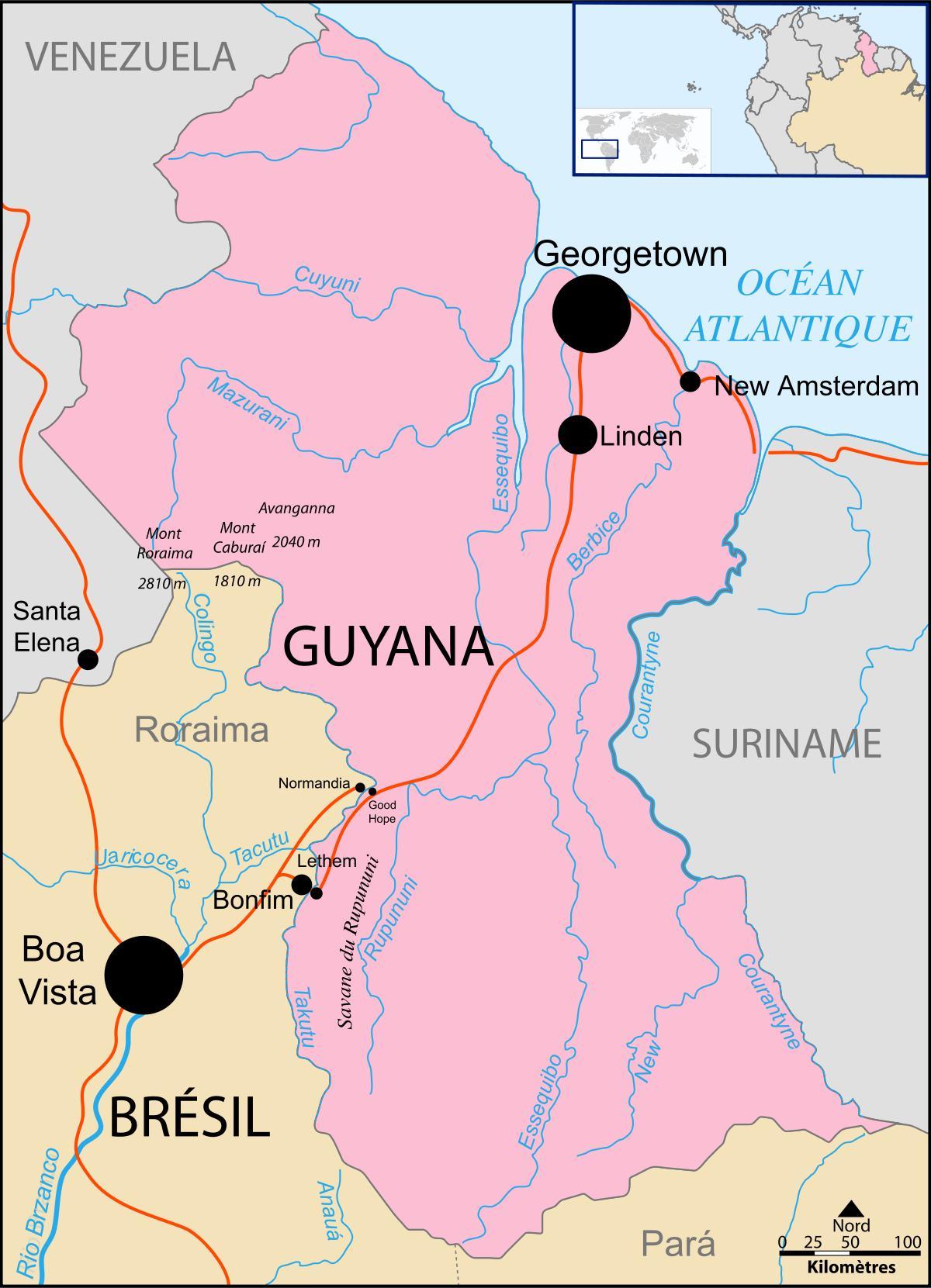 карта Гайана расположение на мир