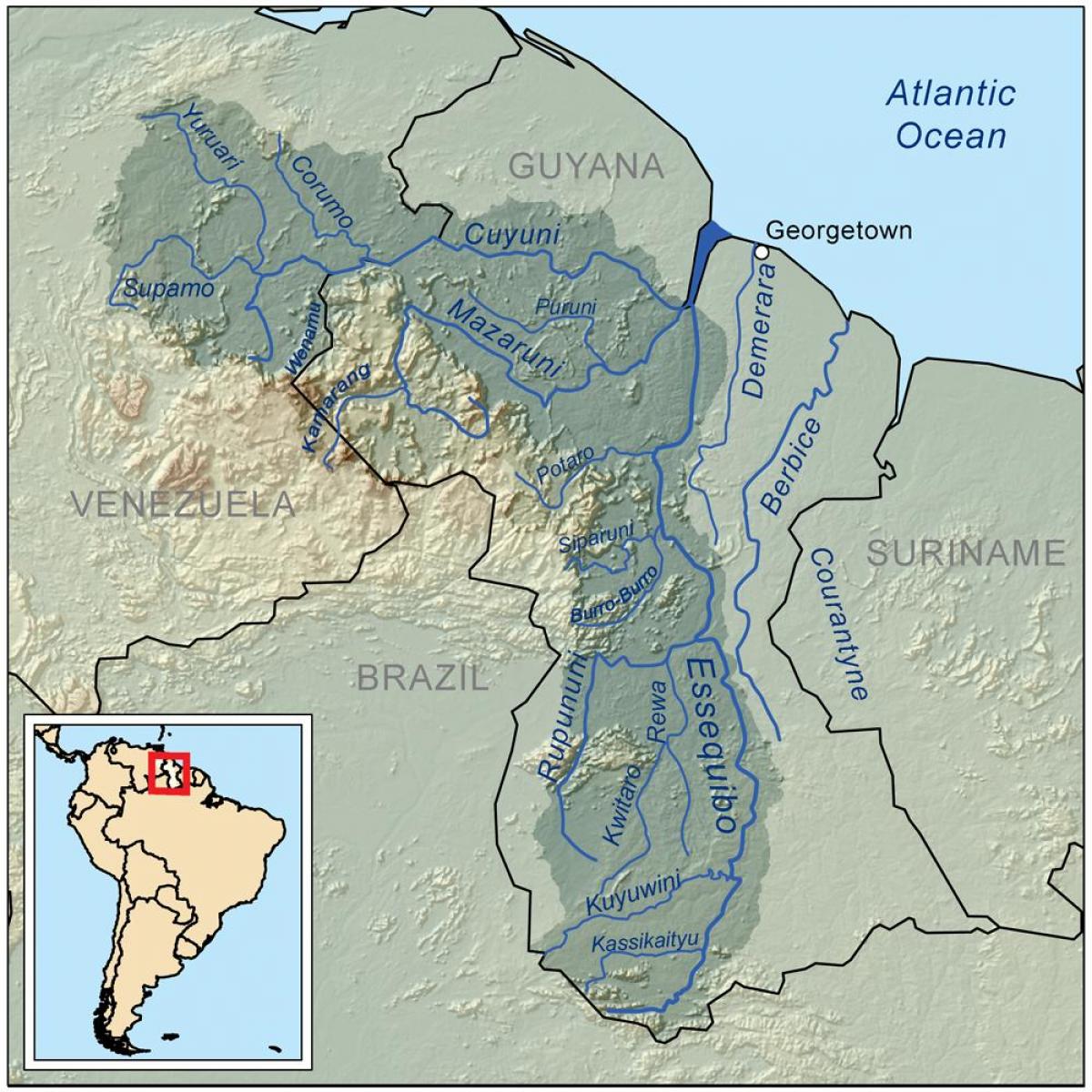 карта Гайана, показывающий три основных рек
